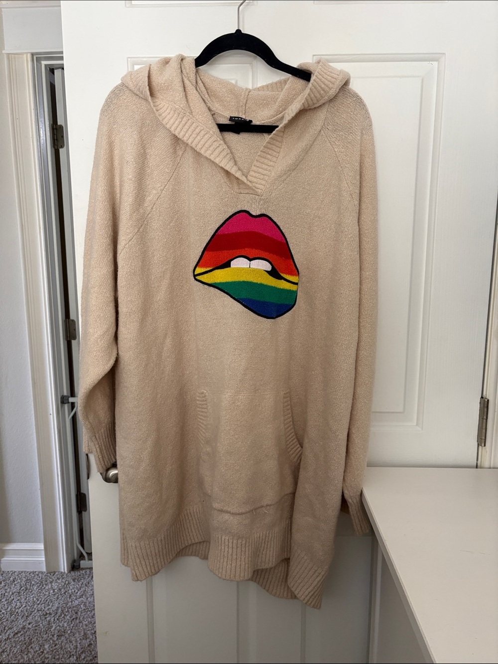 torrid Beige Hooded Sweater with Rainbow Lip Patch